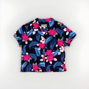 La Cabana Men’s XL Hawaiian Shirt Navy Blue & Pink Hibiscus Floral Rayon